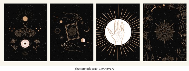 Collection of mystical and mysterious illustrations in hand drawn style. Skulls, animals, space objects, magic ball, crystals, hands. Minimalistic objects made in the style. 