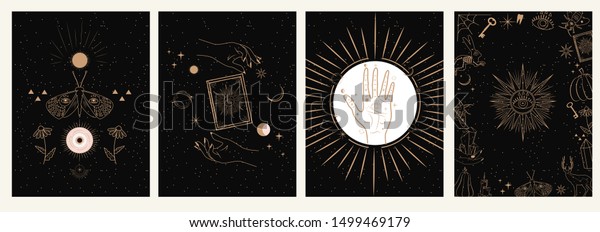 Collection of\
mystical and mysterious illustrations in hand drawn style. Skulls,\
animals, space objects, magic ball, crystals, hands. Minimalistic\
objects made in the style.\
