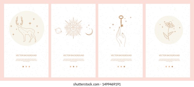 Collection of mystical and mysterious illustrations for Mobile App, Landing page, Web design in hand drawn style. Space and astrology concept. Minimalistic objects made in the style of one line.