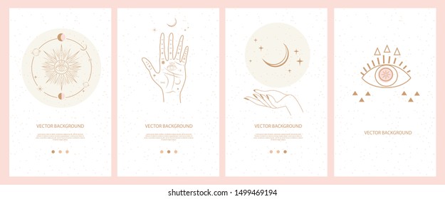 Collection of mystical and mysterious illustrations for Mobile App, Landing page, Web design in hand drawn style. Space and astrology concept. Minimalistic objects made in the style of one line.