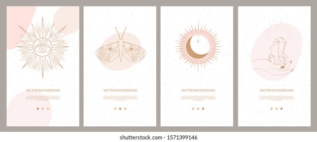 Collection of mystical and mysterious illustrations for Mobile App, Landing page, Web design in hand drawn style. Space and astrology concept. Minimalistic objects made in the style of one line.