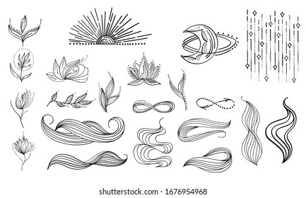 Collection of Mystical and Mysterious objects, Moon, Space objects, Sun, wave, Lotus. Outline objects made in the linear style. Editable vector illustration.