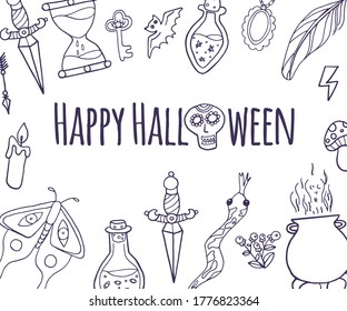 Collection of Mystical and Mysterious objects, Skulls, Animals, Space objects, magic ball, Crystals, human hands. Minimalistic objects made in the style of one line. Editable vector illustration