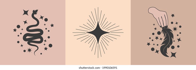 Collection of Mystical and Mysterious objects, Skulls, Animals, Space objects, magic ball, Crystals, human hands. Minimalistic objects