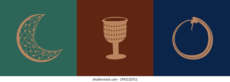 Collection of Mystical and Mysterious objects, Skulls, Animals, Space objects, magic ball, Crystals, human hands. Minimalistic objects