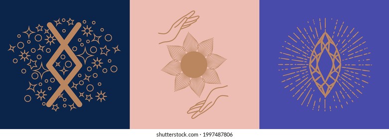 Collection of Mystical and Mysterious objects, Skulls, Animals, Space objects, magic ball, Crystals, human hands. Minimalistic objects