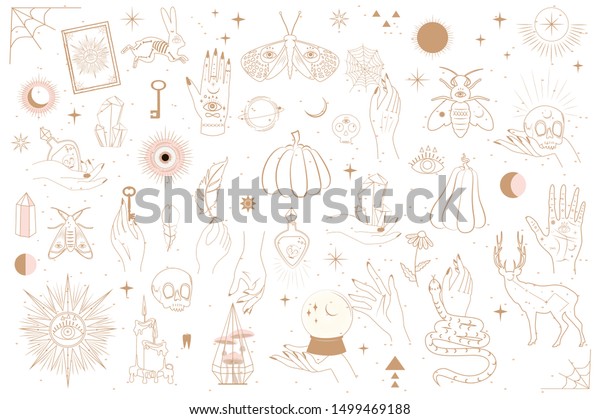 Collection of Mystical and Mysterious\
objects, Skulls, Animals, Space objects, magic ball, Crystals,\
human hands. Minimalistic objects made in the style of one line.\
Editable vector\
illustration.