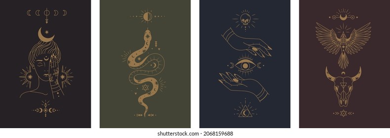 Collection of mystical posters. Esoteric art with snakes, girl, evil eye, hands and moon. Mythological design elements for covers and postcards. Cartoon flat vector set isolated on white background