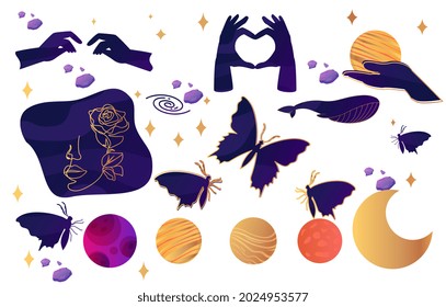 Collection of Mystical. Set of objects for astrology. Things for witchcraft and magic. Human hands in dark witch gloves. Picture for girls. Flat vector illustration isolated on white background