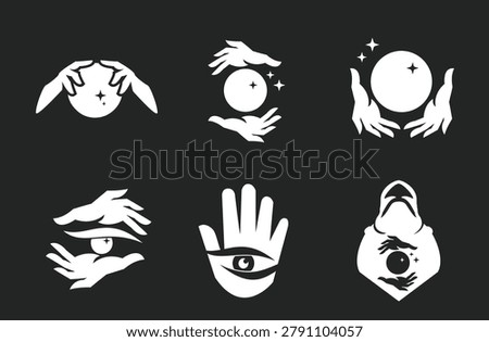 A collection of mystical vector icons depicting psychic vision, crystal balls, spiritual hands, and occult figures, ideal for fortune telling and magic-related designs.