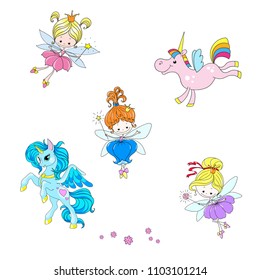 A collection of mythical characters. Fantastic cartoon characters. Lovely fairies and unicorns. Vector isolated on white background.