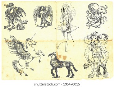 Collection of mythical characters known from the ancient Greek myths. /// Hand drawings into vector, easy editable.