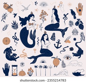 Collection of mythology creatures, mermaid, fortune whell, snake, mystical elements. Editable print art.