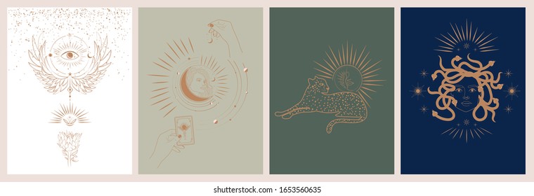 Collection of mythology and mystical poster illustrations in hand drawn style. fantasy animals, mythical creature, esoteric and boho objects, woman and moon, snake and evil eye. Vector Illustration