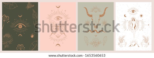 Collection of mythology and mystical poster\
illustrations in hand drawn style. fantasy animals, mythical\
creature, esoteric and boho objects, woman and moon, snake and evil\
eye. Vector\
Illustration