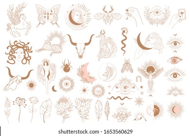 Collection of Mythology objects, fantasy animals, mythical creature, esoteric and boho objects, woman and moon, snake and evil eye. Minimalistic objects one linestyle. Editable Vector Illustration.