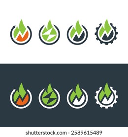 Collection of N logos featuring leaf, flame, lightning, and gear symbols. Modern, minimalist designs ideal for tech, energy, industrial, environmental, or startup companies. Vector format for easy use