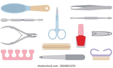 Collection of nail care instruments: clippers, files, cuticle pushers, tweezers, scissors, and red nail polish.