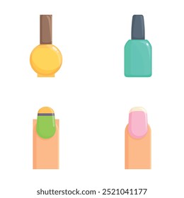 Colección de botellas de esmalte de uñas en varios colores y uñas pintadas a juego