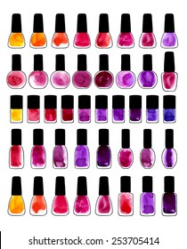 Collection of nail polish, painted in watercolor, vector