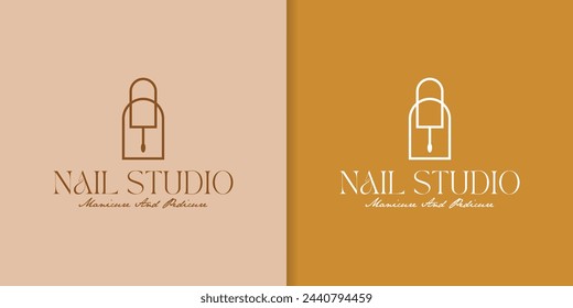 Sammlung von Nagelstudio-Logos, Nagelstudios, Nagellackflaschen mit Zweigen und Frauenhänden.