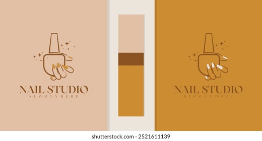 Coleção de Logotipos de estúdio de unhas, salões de unhas, garrafas de esmalte de unhas com ramos, e mãos de mulheres