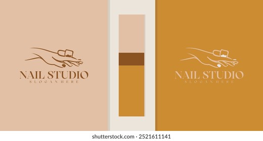 Colección de logotipos de estudio de uñas, salones de uñas, botellas de esmalte de uñas con ramas y manos de mujeres