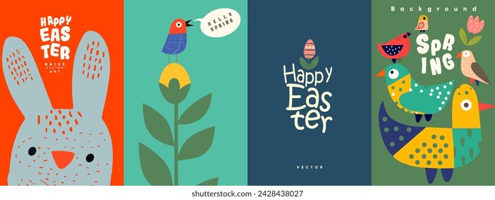 Collection of naive art style vector illustrations for Easter and Spring, featuring playful rabbits, colorful birds, and simple floral designs with festive greetings.