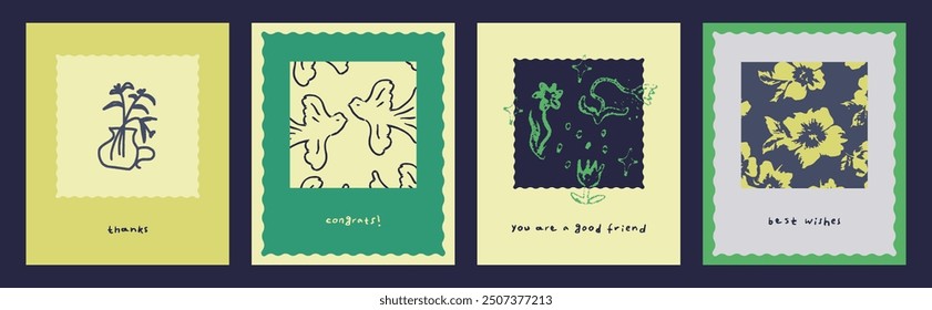 Collection of naive art style vector illustrations for birthday and good day, featuring simple floral designs, with festive greetings etc. set of greeting cards in a childlike