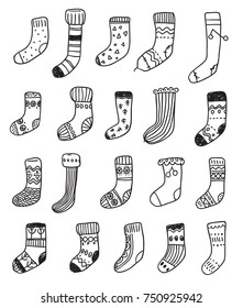 Collection of naive cute doodle socks. Scandinavian style. Sketchy craft simple style.
