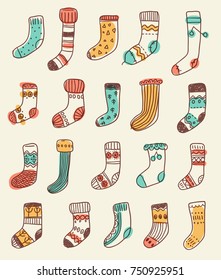 Collection of naive cute doodle socks. Scandinavian style. Sketchy craft simple style.