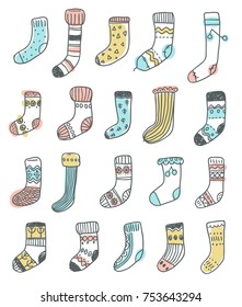 Collection of naive cute doodle socks. Scandinavian style. Sketchy craft simple style.