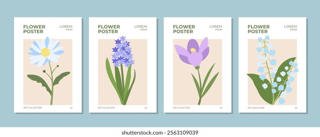 Collection Naive Flower Market Posters in Flat Style. Simple Spring and Summer Floral Card Design. Trendy botanical wall art with floral design. Modern naive, groovy, funky Interior Template, painting