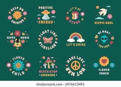 A collection of naive hipster stickers, labels. Vector outline groovy design elements with ufo, flower, rainbow, alien, mushrooms, bird.