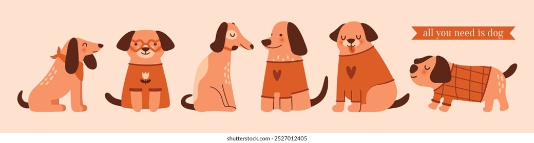 Colección de ilustraciones ingenuas con perros lindos. Mascotas domésticas sentadas, caminando en suéteres kawaii. Vector Clip artes para tarjetas, Anuncios, pegatinas. Diseño plano. Todo lo que necesitas es un perro. Artes contemporáneas.