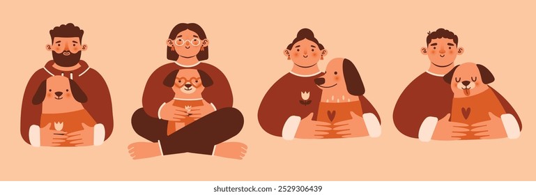 Coleção de ilustrações ingênuas com proprietários de pessoas de cães. Homem, mulher abraçando seu cachorro, segurando seu animal de estimação nas mãos. Adote, não compre. Belas artes de clipe com várias raças de cães. Para adesivo, cartão, banner.