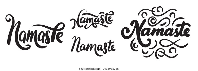 Collection of Namaste text banner isolated on transparent background. Hand drawn vector art
