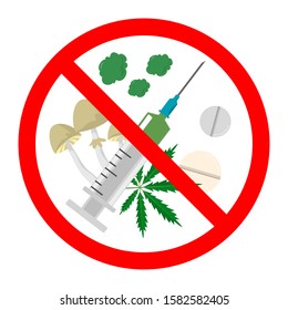 Collection of narcotic in the red sign vector isolated. Drug addiction is prohibited and forbidden. Danger for health, syringe and weed.