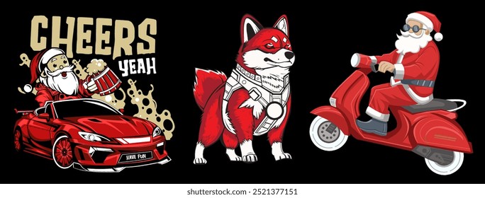 Kollektion von Nathan Designs, Santa reiten eine Vespa, Santa Bier trinken, Santa fahren ein Auto, Weihnachten Thema Hund