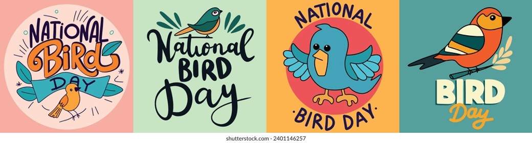 Collection of national bird day inscription. Handwriting national bird day text square banner set. Hand drawn vector art.