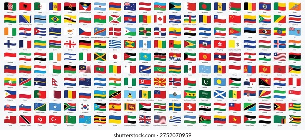 Collection of national flags from around the world flying in the air. Suitable for use in educational materials, travel brochures, and cultural presentations. Vector illustration.