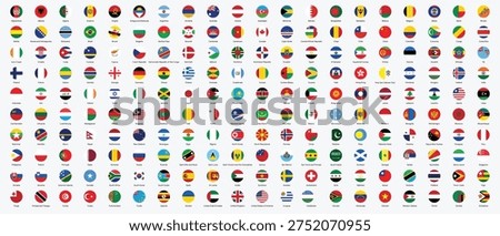 Collection of national flags from around the world in circular shapes. Vector illustration suitable for educational materials, presentations, and websites about geography, international relations, and global communication.