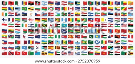Collection of national flags from around the world flying in the air. Suitable for use in educational materials, travel brochures, and cultural presentations. Vector illustration.