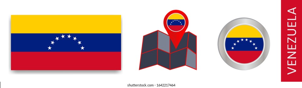 Collection of national flags of Venezuela isolated in official colors and map icons of Venezuela with country flags.