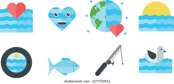 A collection of national nautical illustrations designed by characters
fishing rod, fish and seascape on white background.