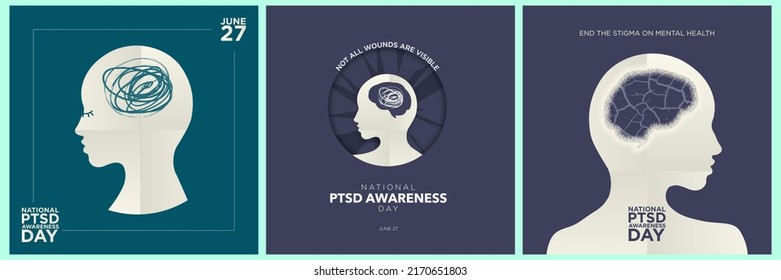 
Kollektion National PTSD Awareness Day Templates. Papierkopfprofil mit posttraumatischem Stressstörungselement im Gehirn.  Nicht alle Wunden sind sichtbar. Beende das Stigma der psychischen Gesundheit. Minimal. 