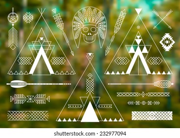 Collection of Native American tribal stylized elements for design. Vector illustration.