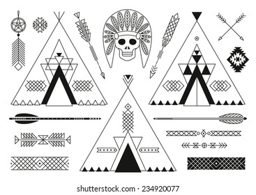 Collection of Native American tribal stylized elements for design. Vector illustration.