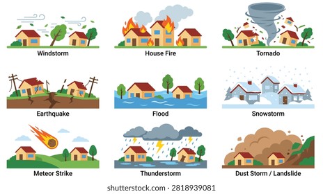 Collection of natural disaster illustrations depicting houses and environmental damage caused by windstorm, house fire, tornado, earthquake, flood, snowstorm, meteor strike, thunderstorm, and dust storm or landslide.