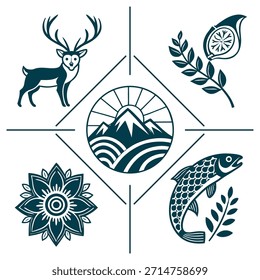 Collection of natural elements and animals depicted as line art symbols on a white background